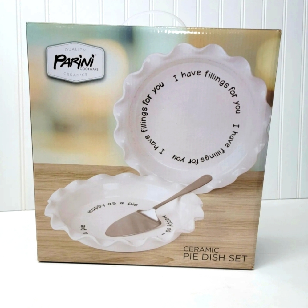 PARINI White Ceramic 3 Piece Baking Pie Dish Set With Pie Server/Spatula